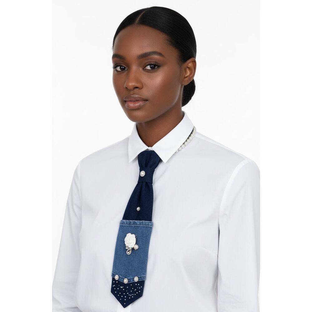 Denim Rose Statement Tie Necklace | Pearl & Floral Accent | 17” Length